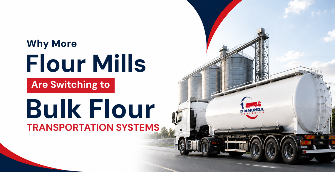 Bulk flour transportation tanker delivering flour to a flour mill